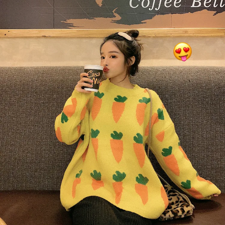 Women\'s Kawaii Knitted Sweater, Cute Carrot Embroidery, Thicken Loose Sweater, Harajuku Ulzzang Sweaters, Lady\'s Clothing