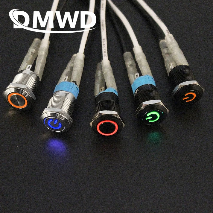 Black Push Button Switch 4 Pin 12mm Waterproof illuminated Led Light Metal Flat Momentary Switches with power mark 3V 6V 12V 24V