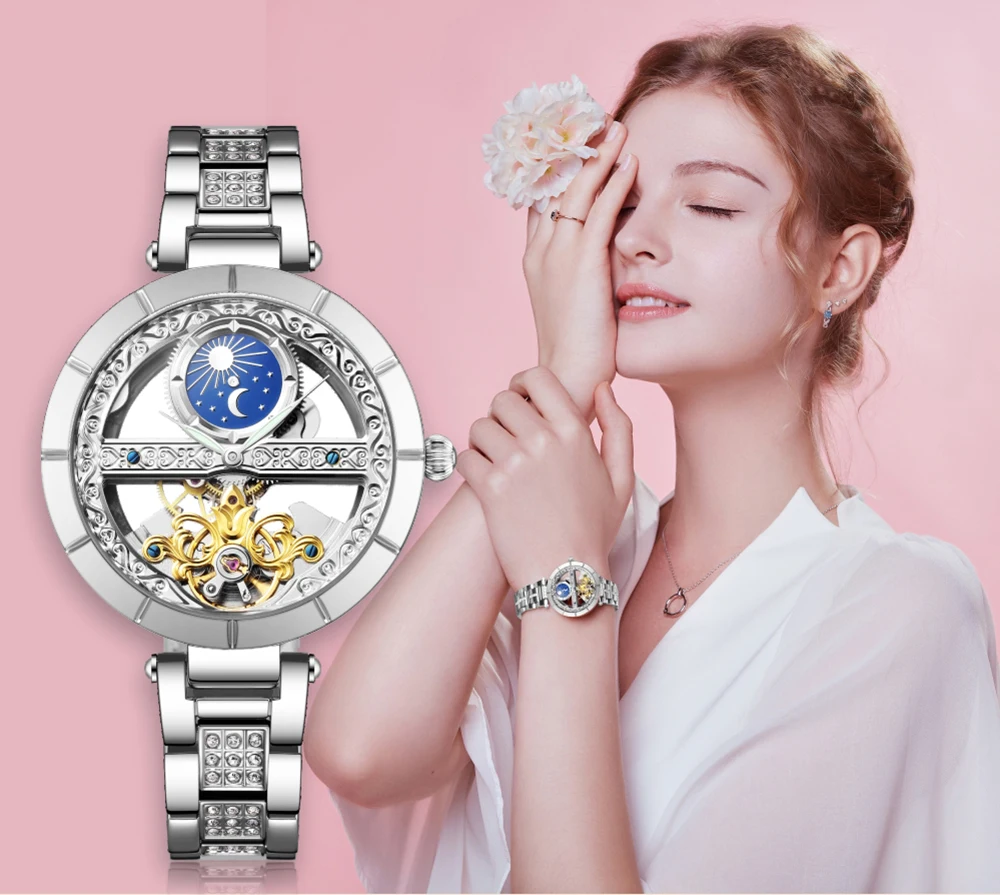 Senors Diamond Horloges Vrouw Automatische Tourbillon Mechanische Horloges Dames Klok Vrouwelijke Maanfase Horloge Relogio Feminino 3ATM