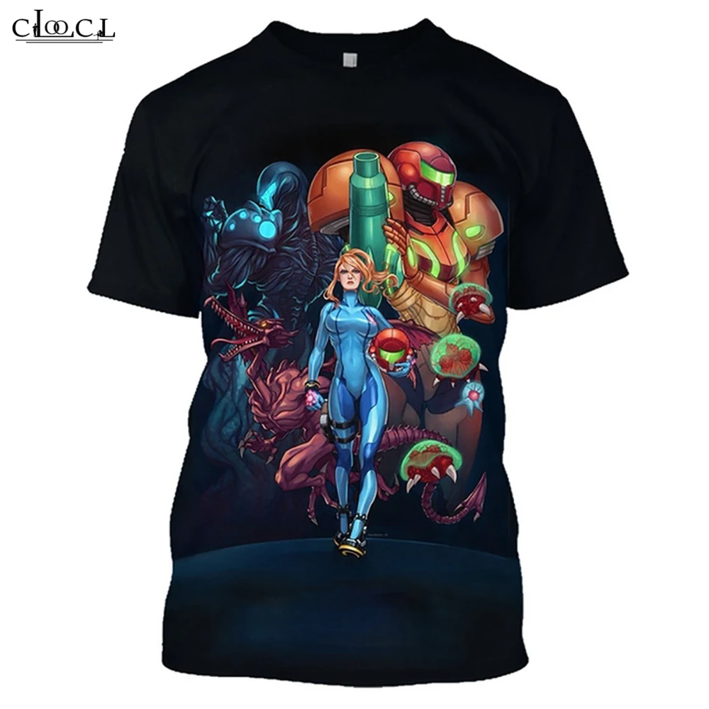 HX Anime METROID Printed T-shirts Men Samus Aran Sexy Girls T-shirt Harajuku Style Casual Men Clothing Homme T Shirt S-7XL