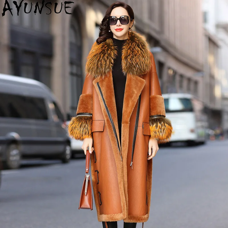 

AYUNSUE Natural Fur Coat Female Real Sheep Shearing Jacket Woman Luxury Raccoon Fur Collar Double Faced Sheep Fur Coats Hiver 09