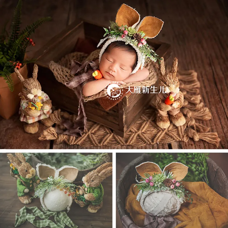 Accessoires de photographie de nouveau-né, chapeau de lapin en paille de Style campagnard de noël, tenue de Studio pour séance Photo de bébé fille