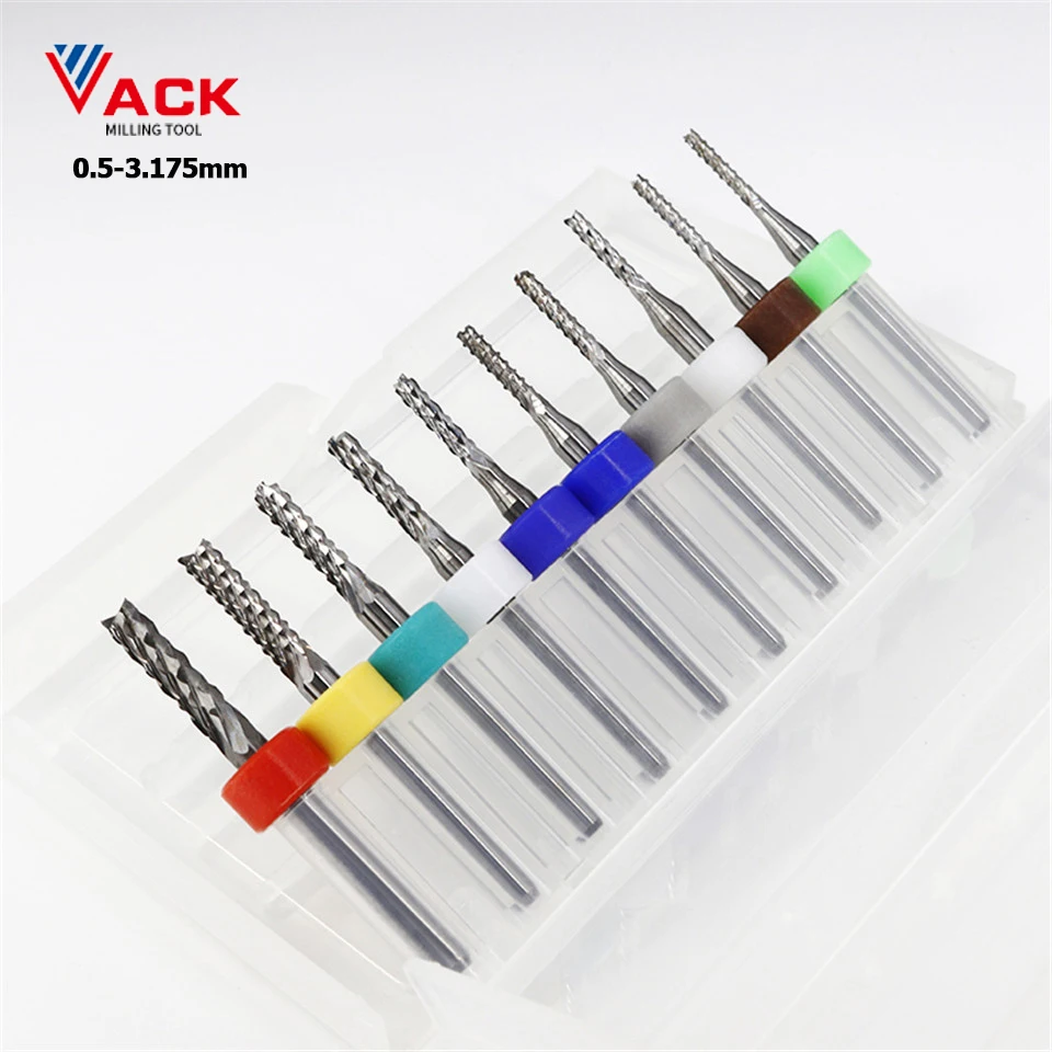 VACK 10 sztuk/partia frez palcowy 0.5-3.175mm węglik kukurydziany wolfram PCB zestaw frezów PCB maszyna router Bit grawerowanie narzędzia do frezów palcowych