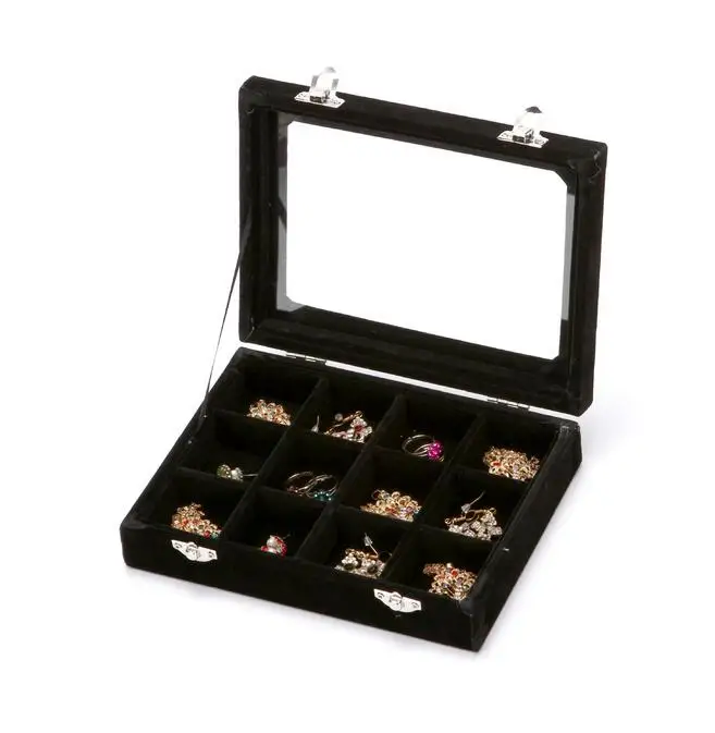Fashion 12 Slots Clear Cover Velvet Jewelry Organizer Ring Earring Necklace Holder Jewellery Box Stackable Tray Storage Showcase