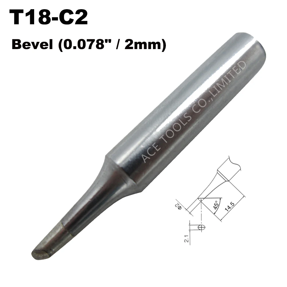 Soldering Tip T18-C2 Bevel 2mm 0.078" Fit HAKKO FX-888 FX-888D FX-8801 FX-600 Lead Free Iron Bit Nozzle Handle Pencil Welding