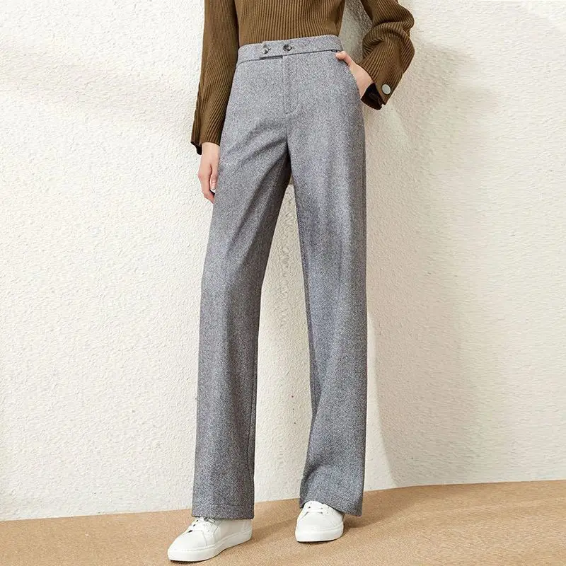 Woolen Pants Women\'s Wide Leg Pants Autumn Winter Office Lady High Waist Loose Straight Tube Casual Full Length Work Trousers