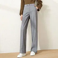 Woolen Hosen frauen Breite Bein Hosen Herbst Winter Büro Dame Hohe Taille Lose Gerade Rohr Casual Volle Länge Arbeit hosen