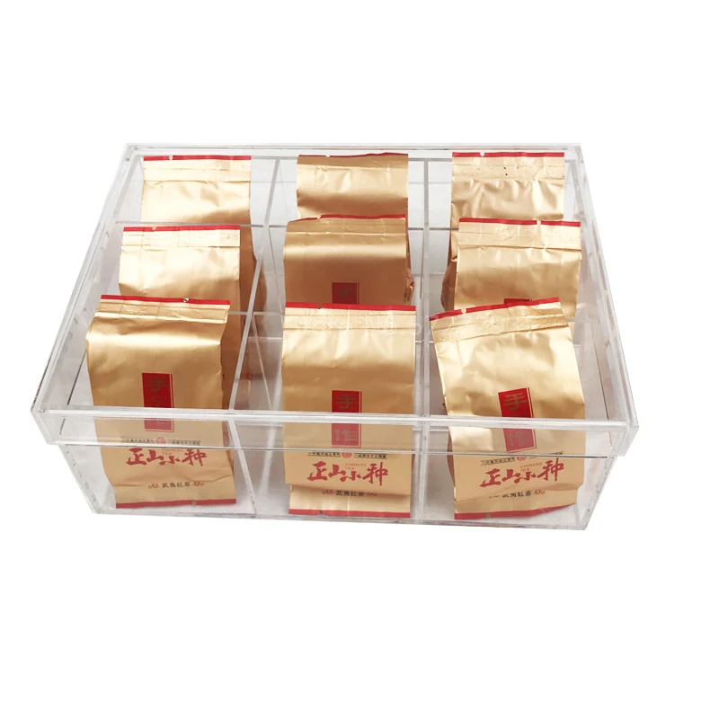 Compact Clear Plastic Acrylic Tea Storage Organizer Bin With Lid 9 Sections Box Holder For Tea Bags Packets Sweeteners