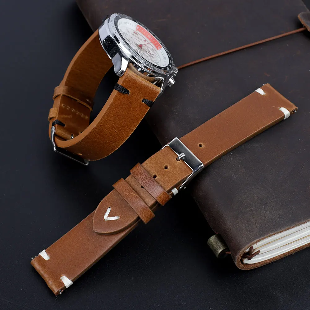 Cow Leather Watchband 18mm 20mm 22mm 24mm Retro Oil Wax Genuine Watch Straps Red Brown Handmade Stitching Strap Replacement Belt