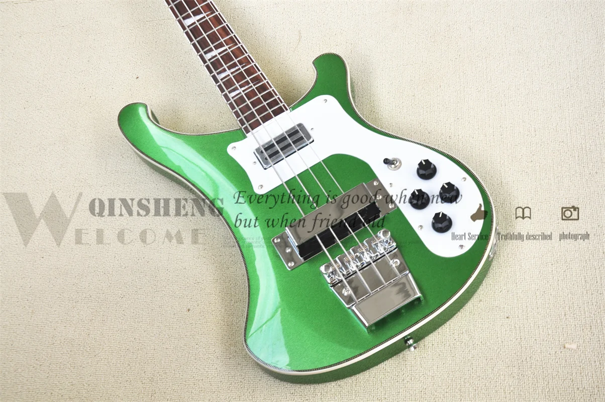 Pre-customized electric guitar bass,4 strings 4003 bass,metal green basswood body fishbone binding  chrome buttons