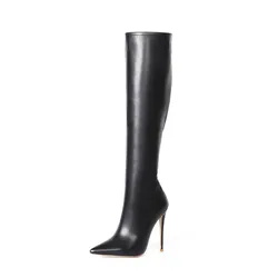 Botas femininas de salto fino e com pelo, novas botas feitas à mão com zíper e salto alto vermelho, 12cm