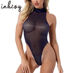 Women Mock Neck Sleeveless Leotard Spandex Dance Bodysuit Sexy Sheer Mesh Smooth High Cut Thong Pole Dancing  Bodysuit Teddies