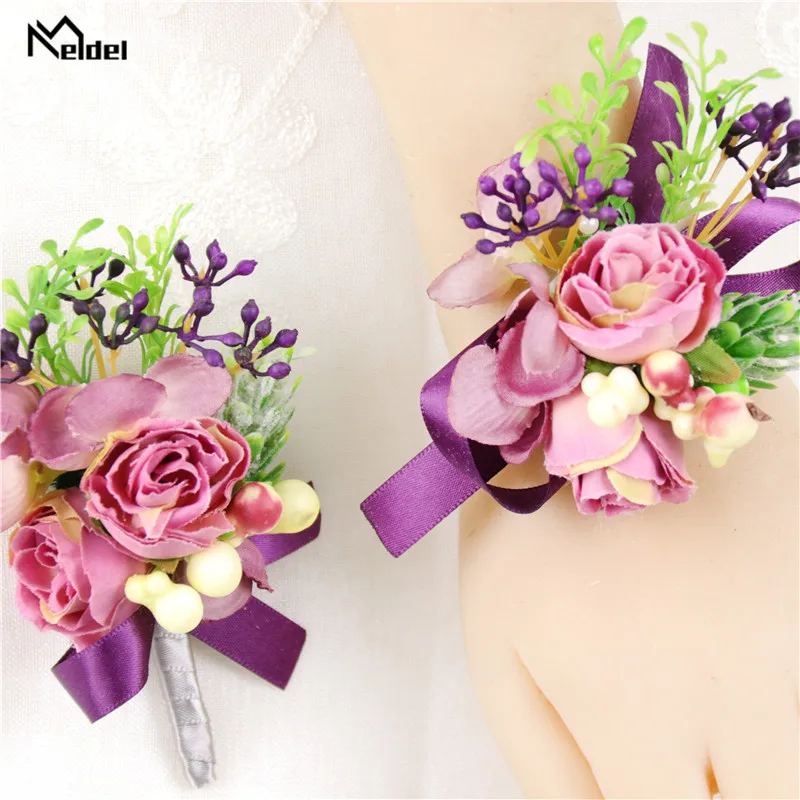 Meldel Silk Flowers Boutonnieres for Groomsmen Flower Wedding Wrist Bracelet for Bridesmaids Marriage Prom Brooch Corsage Pins