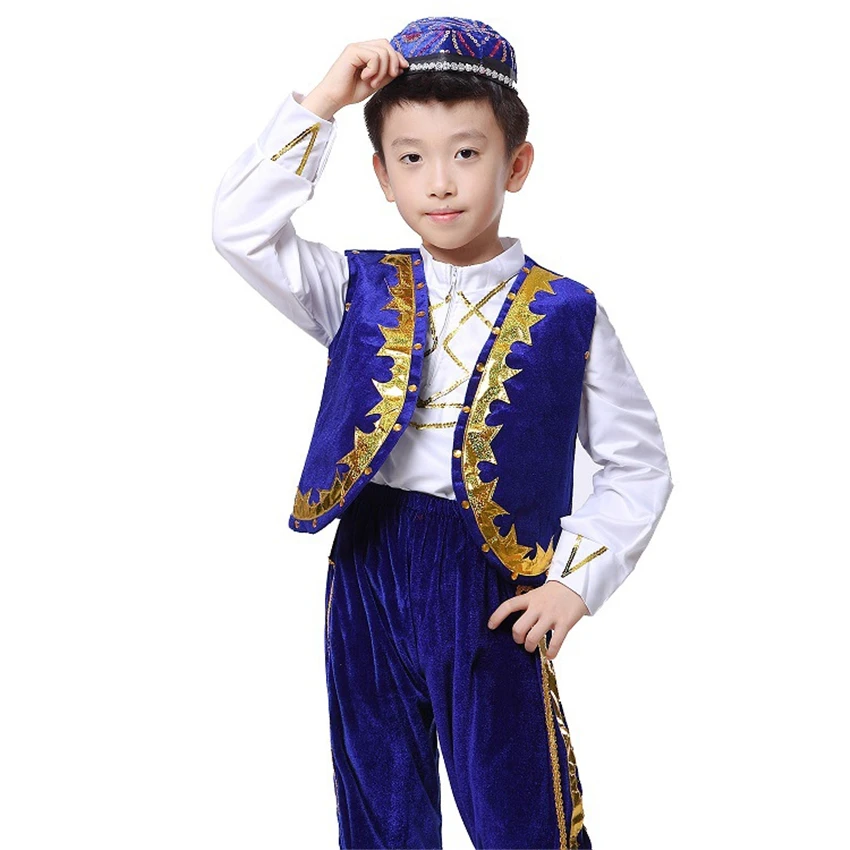 Ropa musulmana tradicional para niño islámico, conjunto de baile árabe Jubba Thobe, actuación árabe, Arabia Saudita, Top + pantalón + sombrero