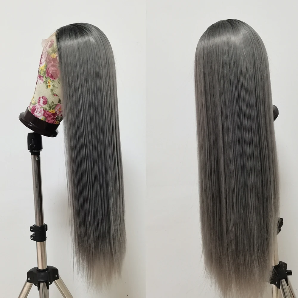 Wig Renda Tanpa Lem untuk Wanita Rambut Sintetis Depan Renda Abu-abu Gelap Wig Realistis Lurus Alami dengan Garis Rambut Nautral