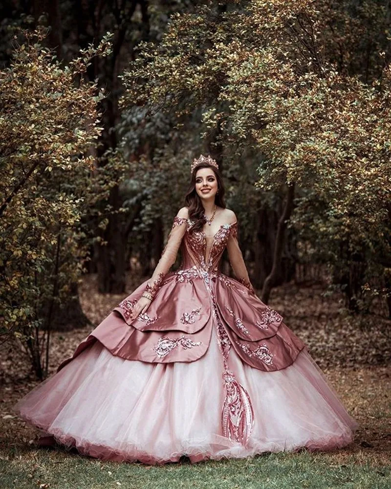 Lantejoulas bordado vestido de baile quinceanera vestidos fora do ombro até o chão pescoço em camadas doce mangas compridas festa da menina