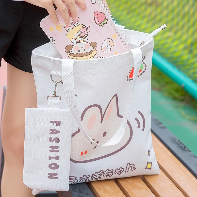 2021 New Ins Cartoon Pattern Kawaii Canvas Bag Large Capacity Portable Shopping Bag Lolita Lovely Outdoor Women's Shoulder Bag