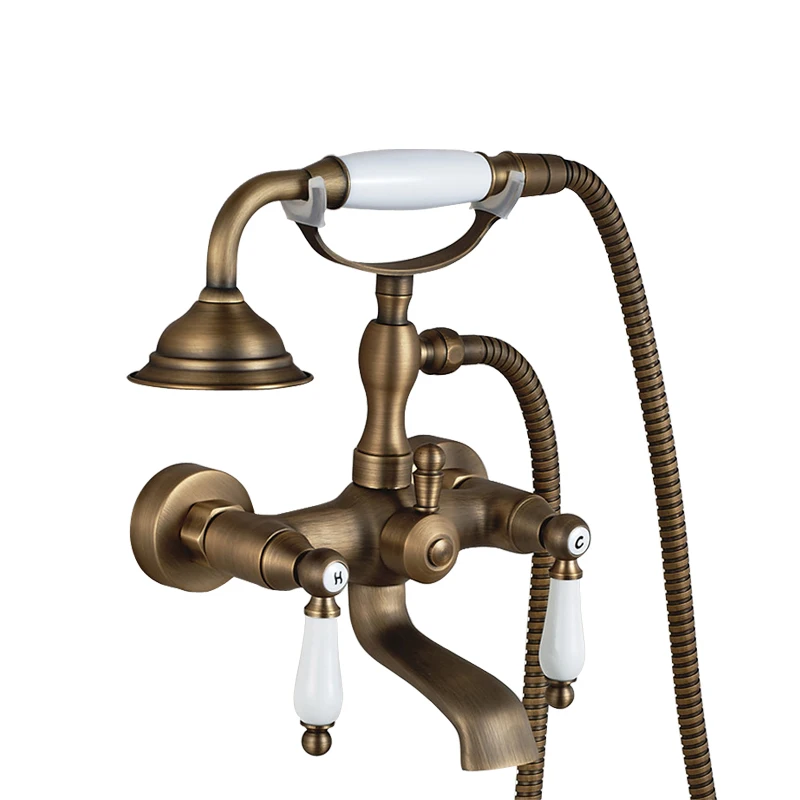 Classic European Antique Brass Bathroom Bathtub Faucet Set Wall Mount Copper Shower Mixer Tap with Ceramic Handles SF1062