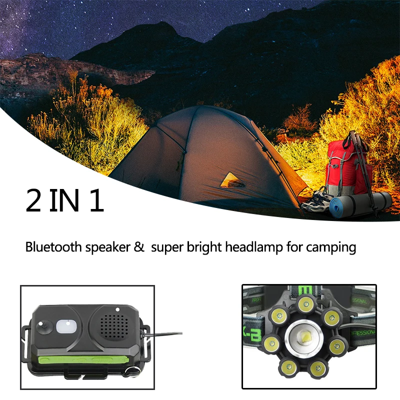 Smart Led Headlamp Bluetooth Speaker XM-L T6 Headlight 8000 Lumen Zoom USB Reachargeable 18650 Battery Head Flashlight Lamp