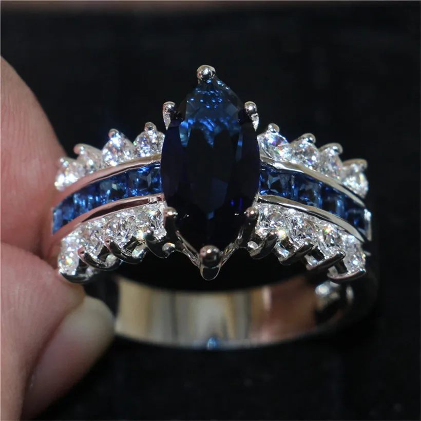 

Hot Sale Luxury Blue Marquise Cut 3 Carat Simulated Diamond Wedding Ring for Women Have S925 Logo Real 925 Silver Rings finger