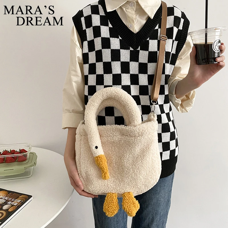 Mara's Dream Women Plush Goose Tote Simple Warm Cloth Wrist Bags Cute Soft Handbag Adjustable Crossbody Bag Purses For Girls