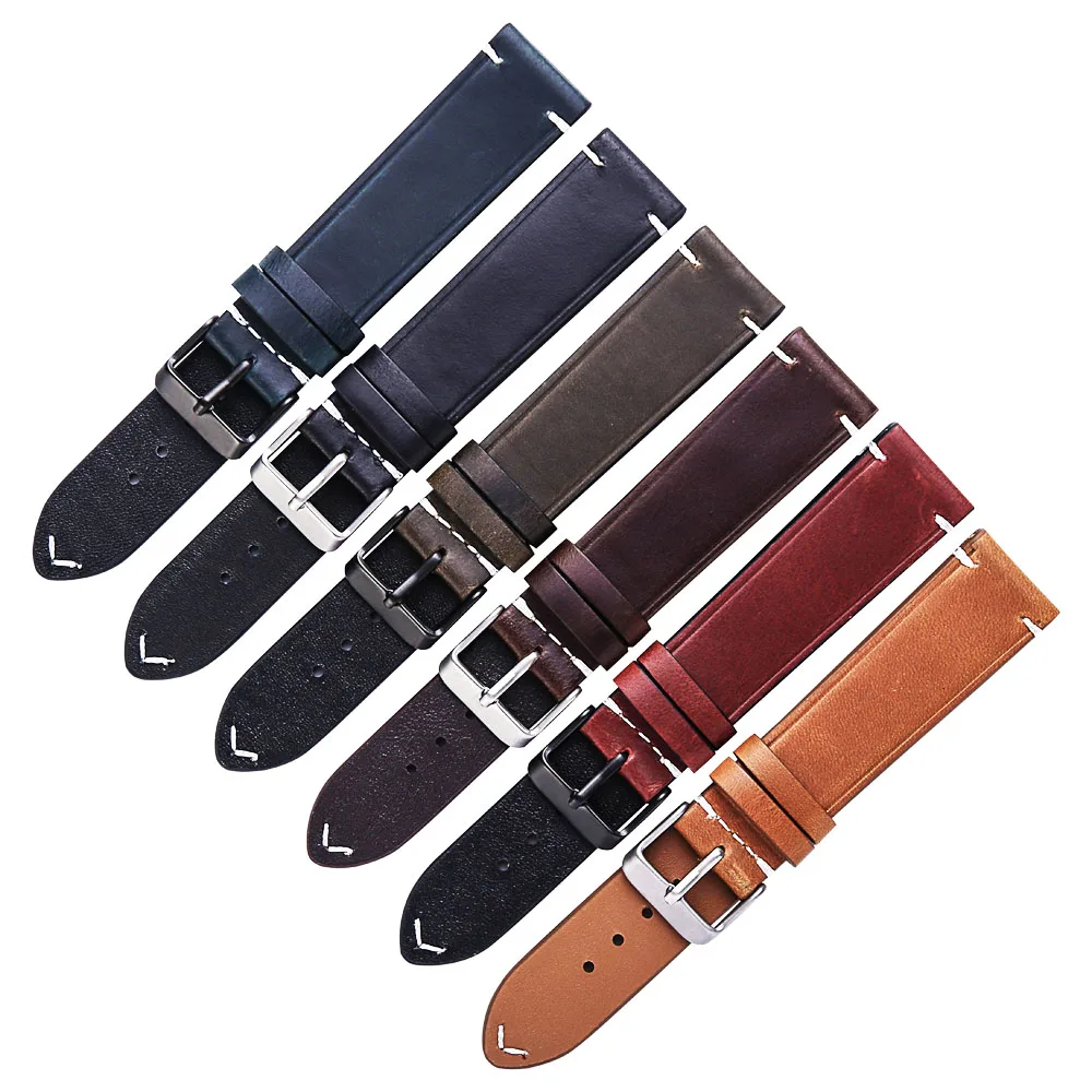 20mm Watch Strap For Gear S2 Braclet Oil Wax Leather Watch Band 18mm 22mm Women Men's Soft Watchband Vintage Strap  Accessories