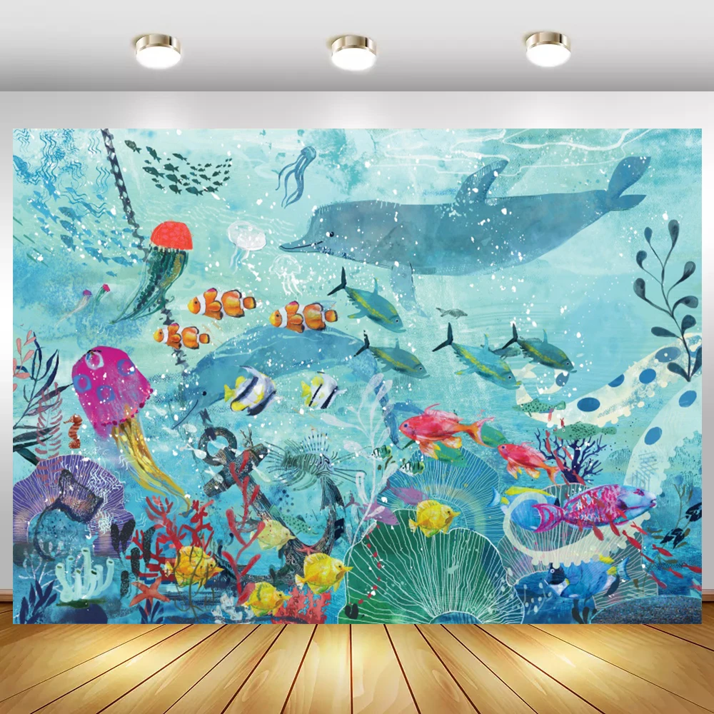 Laeacco Cartoon Seabed Fish Coral Shell Underwater Scenic Party Photo Background Photography Backdrop Photophone Photo Studio