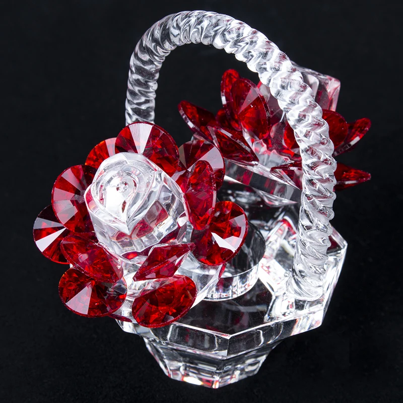 H&D Crystal Red Rose Flower Basket Figurine Art Glass Collectible Craft Gift Dreams Ornament for Home Decor Table Centerpiece