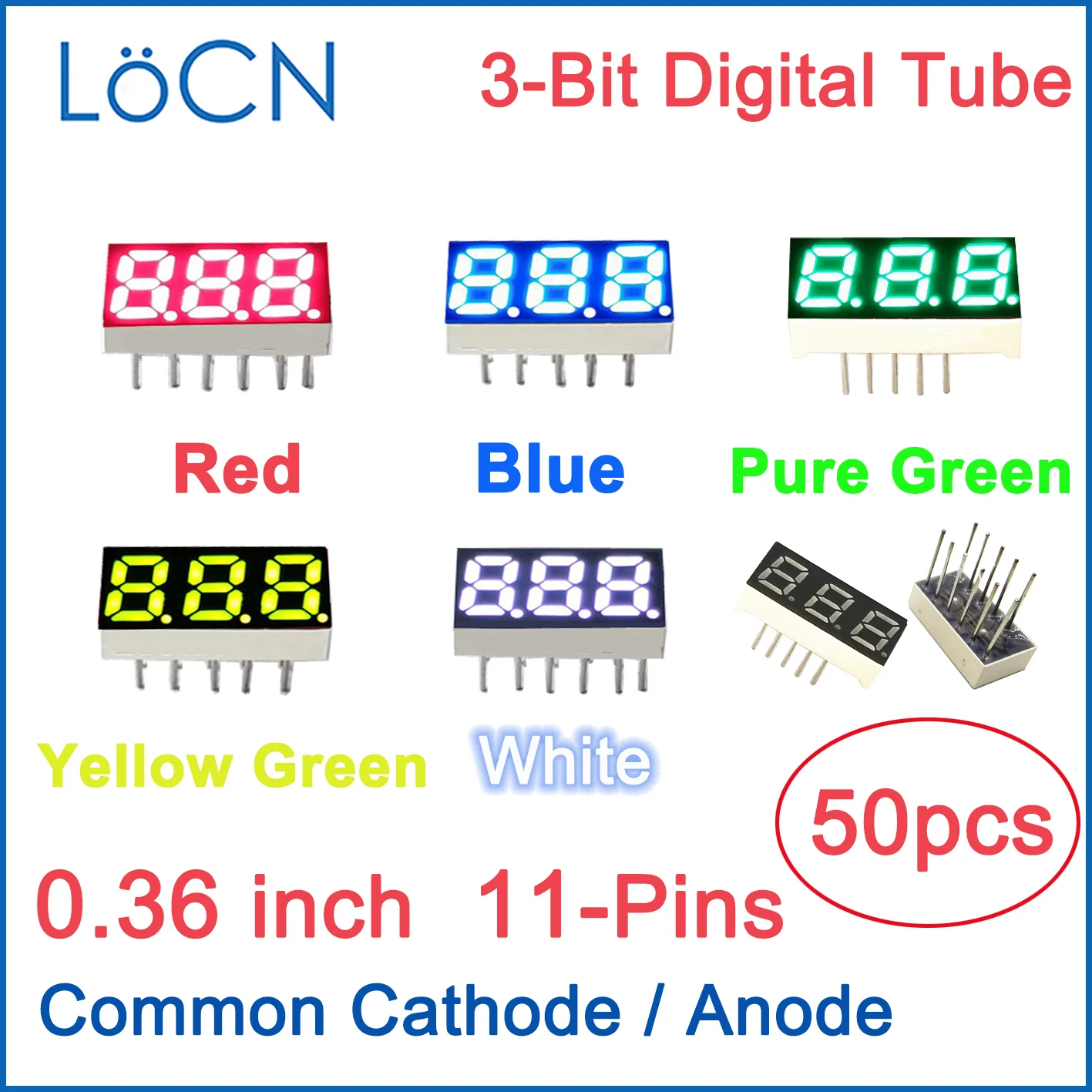 0.36 polegada led display digital tubo de 3 bits vermelho azul puro amarelo verde branco ânodo do cátodo comum alto brilhante relógio 50 pces locn