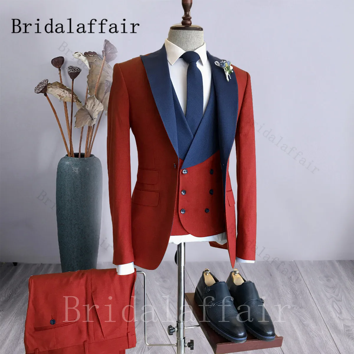 Bridalaffair ชุดสูท3ชิ้นแบบหรูหราสำหรับผู้ชาย, เสื้อกั๊กกางเกงคอปกทรงเข้ารูปสำหรับงานแต่งงาน