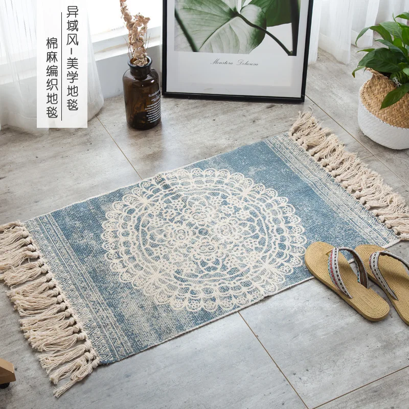 Nordic minimalist cotton and linen small fresh floor mats living room sofa  table carpet bedroom  mats tassel blanket  hand made