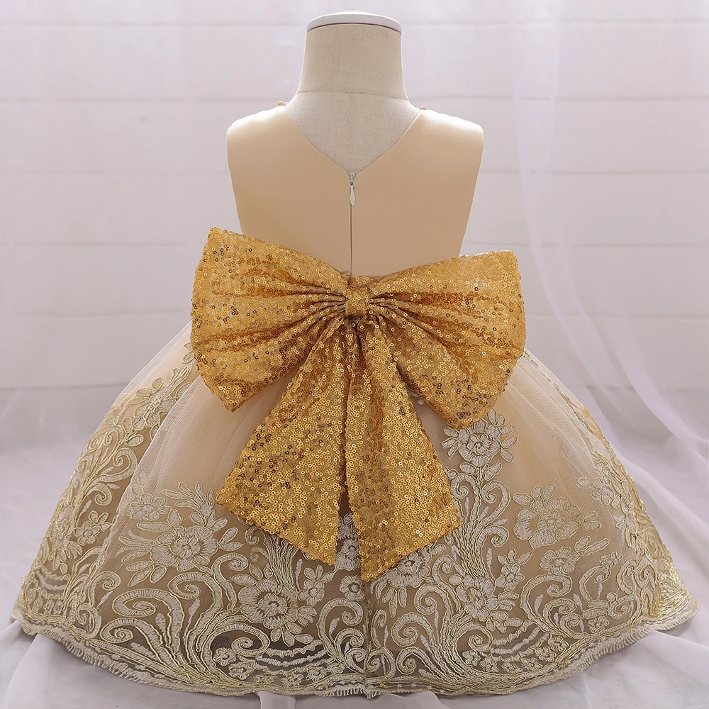 Big Bow Flower Champagne 1srt Birthday Dress Baby Girl Clothes Princess Party Baptism Dress Infant Vestidos Toddler Costume