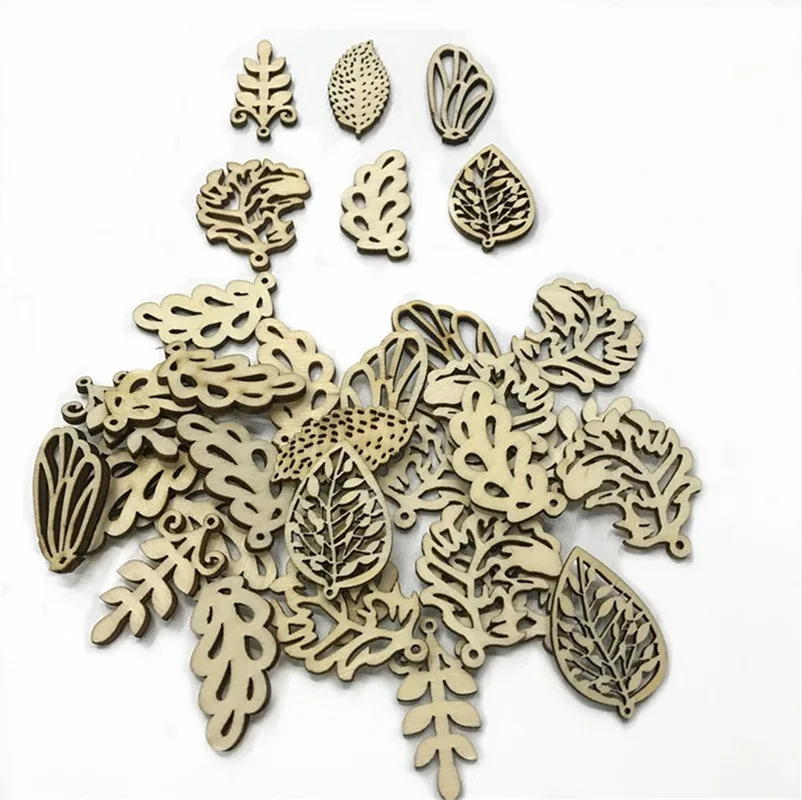 200PCS 50MM Mixed Wooden Embellishments Laser Cut Blanks Slices Flower Shapes Nature Decorations for Kids DIY Embellishment