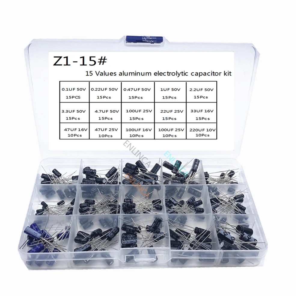 

200pcs/lot Radial capacitors set 15Values 10V 16V 25V 50V 0.1uF-220uF Electrolytic Capacitor Assortment Kit 0.22uf 2.2uf 100uf