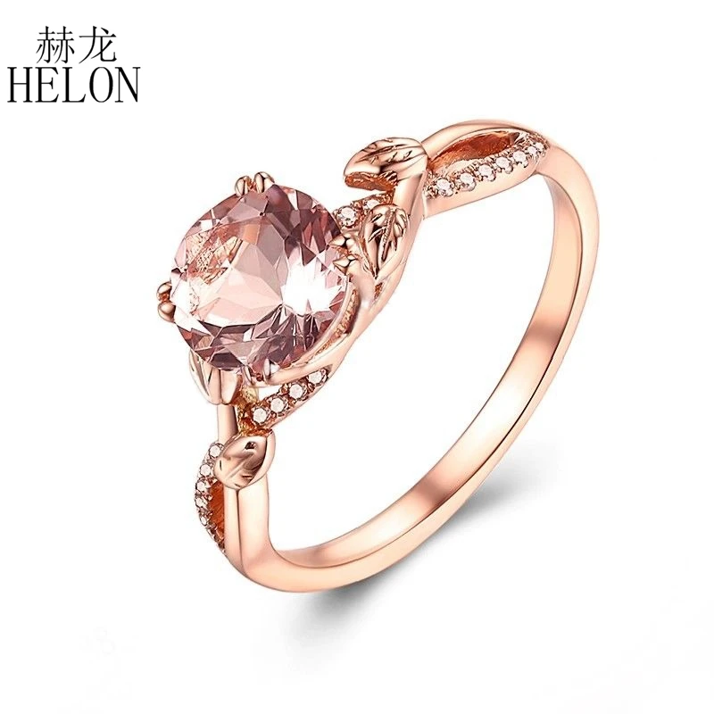 HELON Real 14K Rose Gold Certified Round 7mm 1.2ct Natural Morganite & Diamond Gemstone Ring For Women Wedding Fine Jewelry Gift