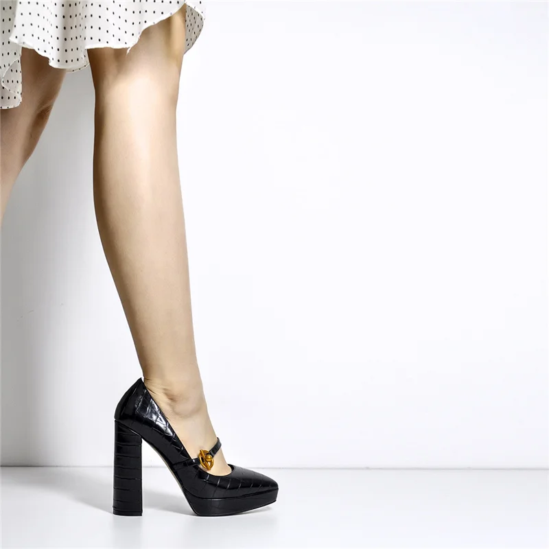 Onlymaker Women Chunky High Heel Pointed Toe Low Platform Stone Texture Slip On Golden Button Decoration Spring Pumps