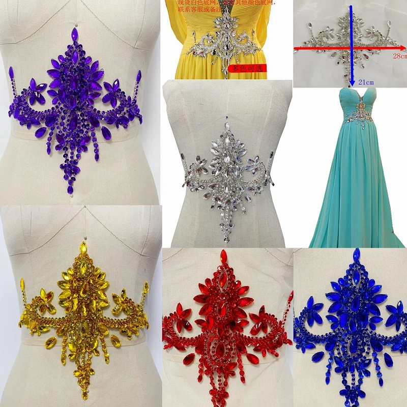 

1Piece 28x21cm Bead Applique Crystal Bodice Patch Heavy Crystals Applique For Couture Handmade Red Purple Black