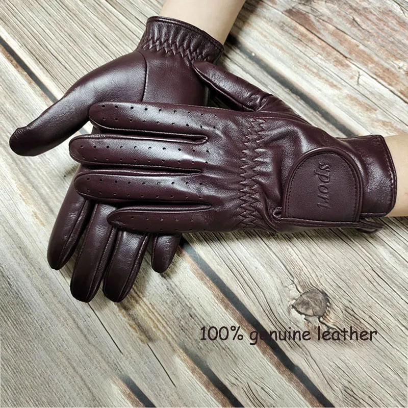 Motorcycle Riding Touch Screen Sheepskin Gloves Men\'s Single Layer Leather Driver Gloves Golf New Perforated Breathable Thin