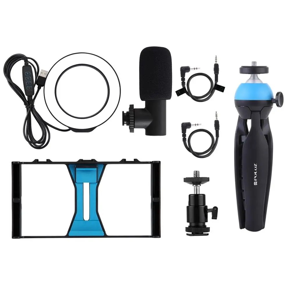 PULUZ-Anillo de luz LED 4 en 1 para selfi, plataforma de vídeo Vlogging para transmisión en vivo, con micrófono, soporte de trípode y cabeza de trípode, 4,6 pulgadas