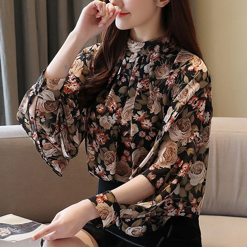 

Blusas Mujer De Moda 2021 Ladies Tops Chiffon Spliced Floral Chiffon Blouse Stand Puff Sleeve Blouse Women Vintage Casual 2265