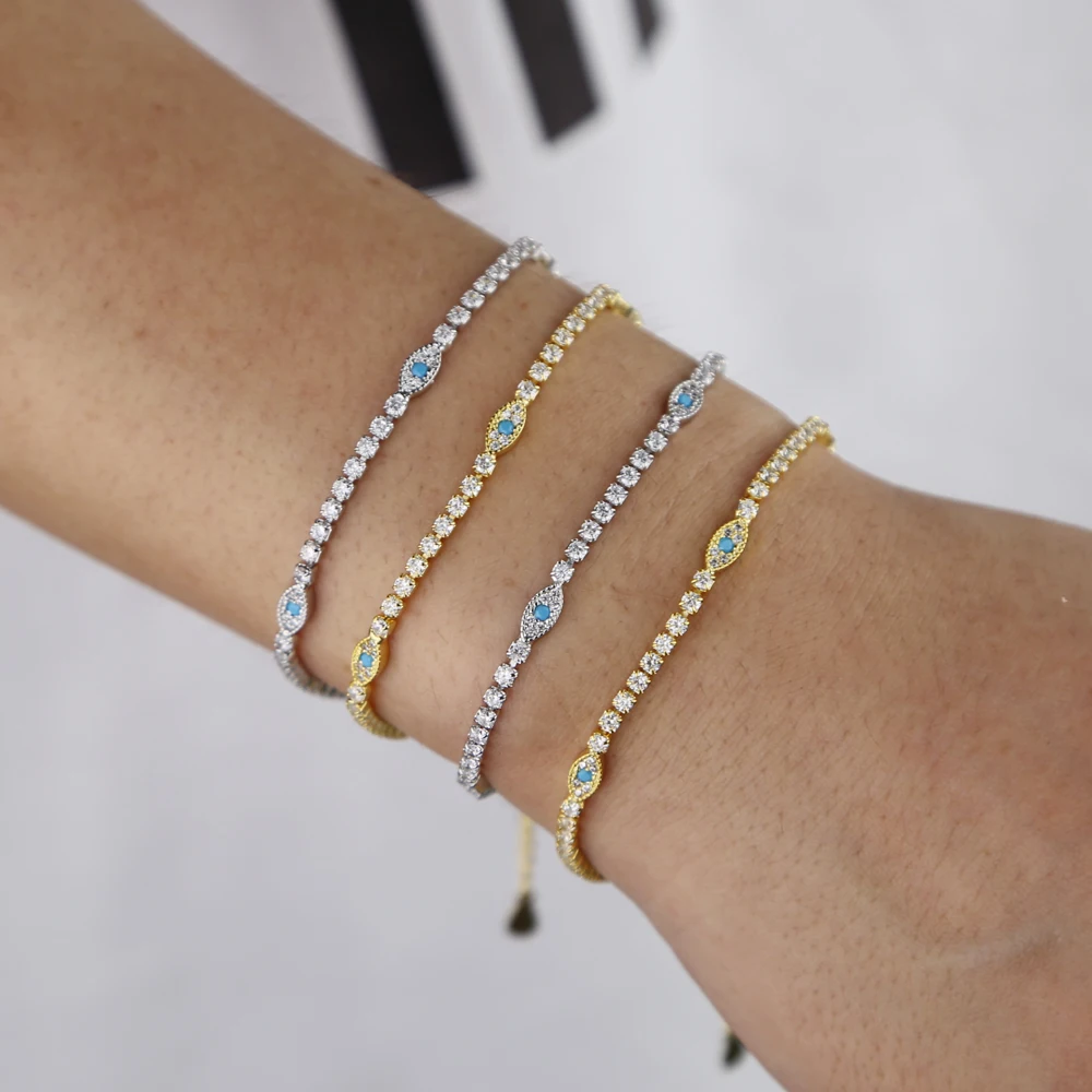 Thin CZ Tennis Chain Cute Lovely Small Turkish Evil Eye Charm Tennis Bracelet