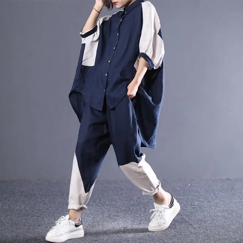 Spring Summer Pants Suit Korean Loose Large Size Color Matching Cotton And Linen Shirt Leisure 2 Piece Set Tracksuit Women zh639