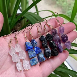 Natural Crystal Earrings for Women Irregular Ore Quartz Lapis Black Tourmalines Long Tassel Pendulum Purple Crystal Drop Earring