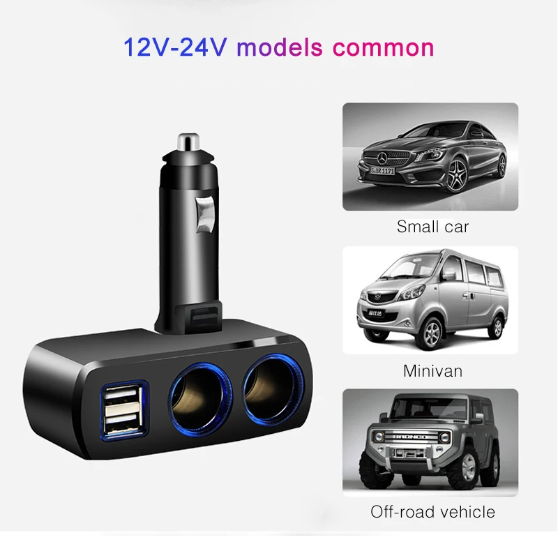 Car Cigarette Lighter Socket 12-24V Auto Cigar Lighter Dual USB Charger Power Adapter Outlet 2.1A/1.0A 80W Splitter Universal