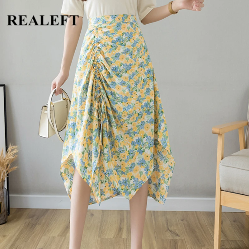 REALEFT Summer 2021 Chiffon Floral Printed Women's Midi Skirts Elegant Lace Up Female High Waist Irregular Office A-Line Skirts