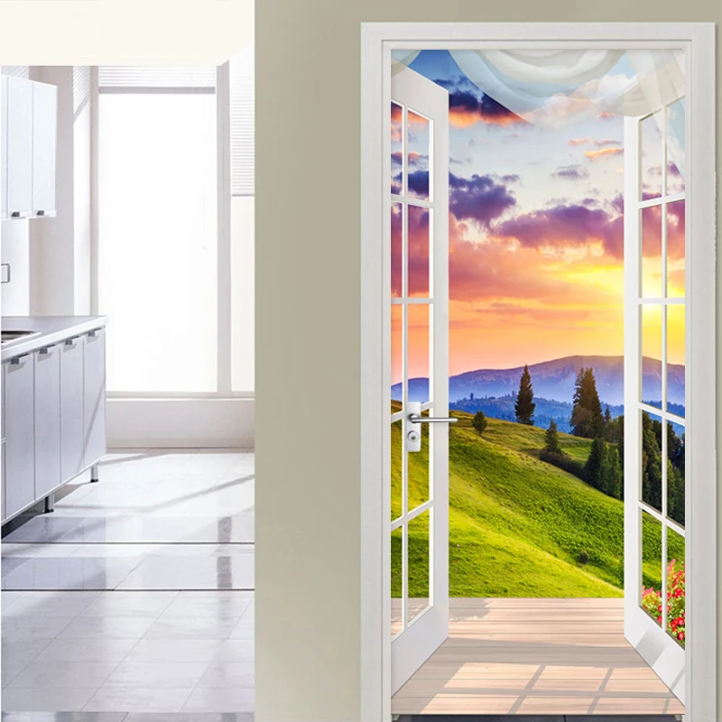 

PVC Self-Adhesive Waterproof Door Sticker Modern 3D Nature Scenery Photo Wallpaper Living Room Bedroom Door Decal