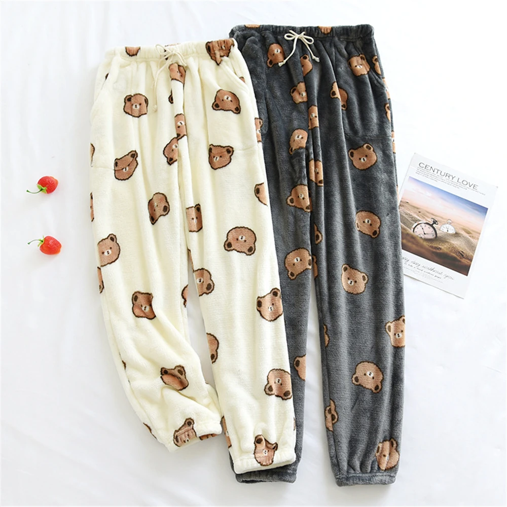 Pantalones de pijama de franela para hombre y mujer, ropa de casa informal, suave y cálida, con forro polar de Coral y terciopelo, para invierno