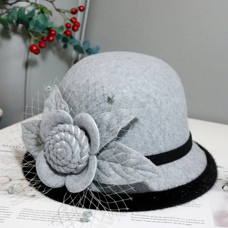 

New Winter Women Floral Wool Cap Hats Fedoras Vintage Western Bucket Hats 10 Colors Warm Female Bowler Hats H3