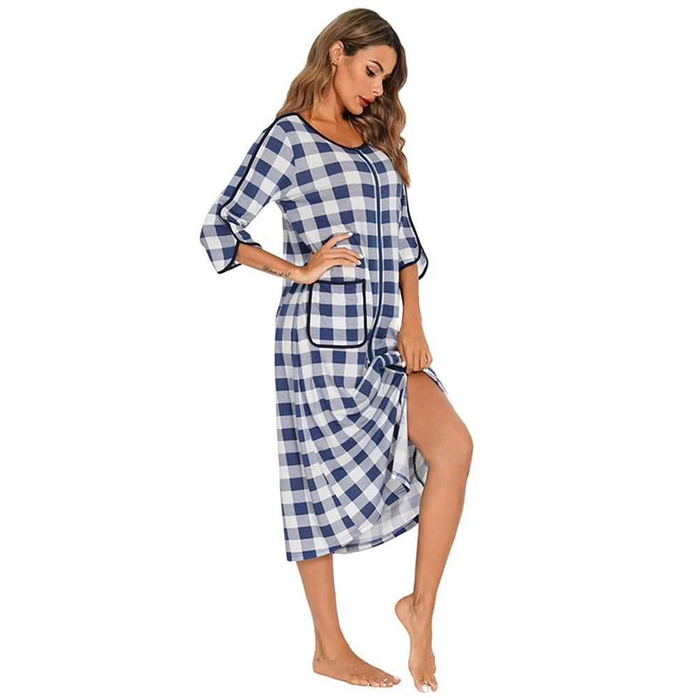 Women Autumn Plaid Zipper Front Robes Long Sleepwear Soft  Nightgown Warm Loungewear Maternity Bathrobe Pajamas