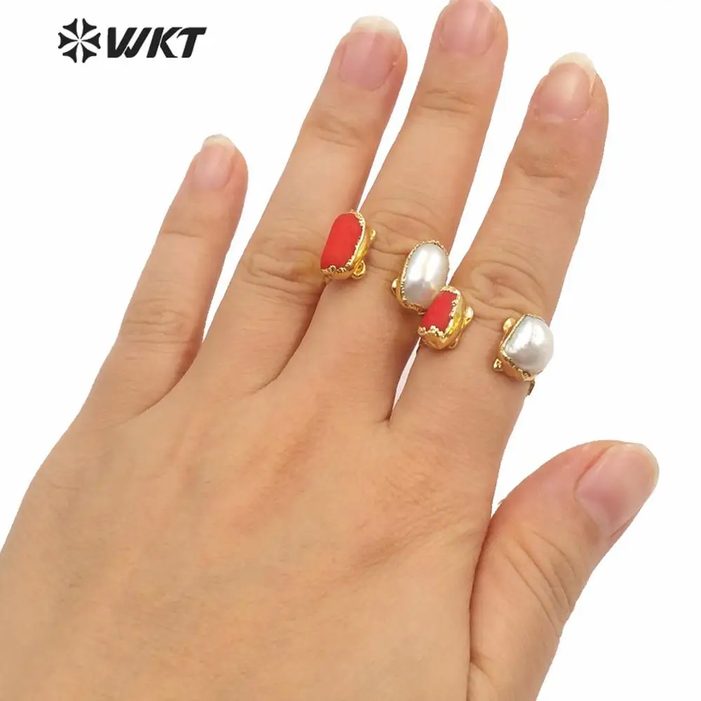 

MPR010 Wholesale Price Women Jewelry Ring Double Charm Cuff Gold Electroplated Pearl And Red Coral Material For Gift